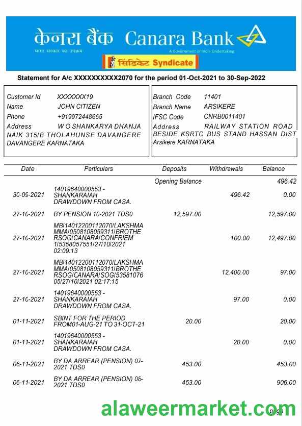 India Canara bank statement template, Word and PDF format, 5 pages, version 2